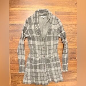 Toad&Co Wool Gray Plaid Shawl-Collar Button Front Cardigan